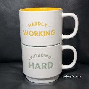 Set of 2 Funny Coffee Mugs Hardly Working & Working Hard White Stackable Cups